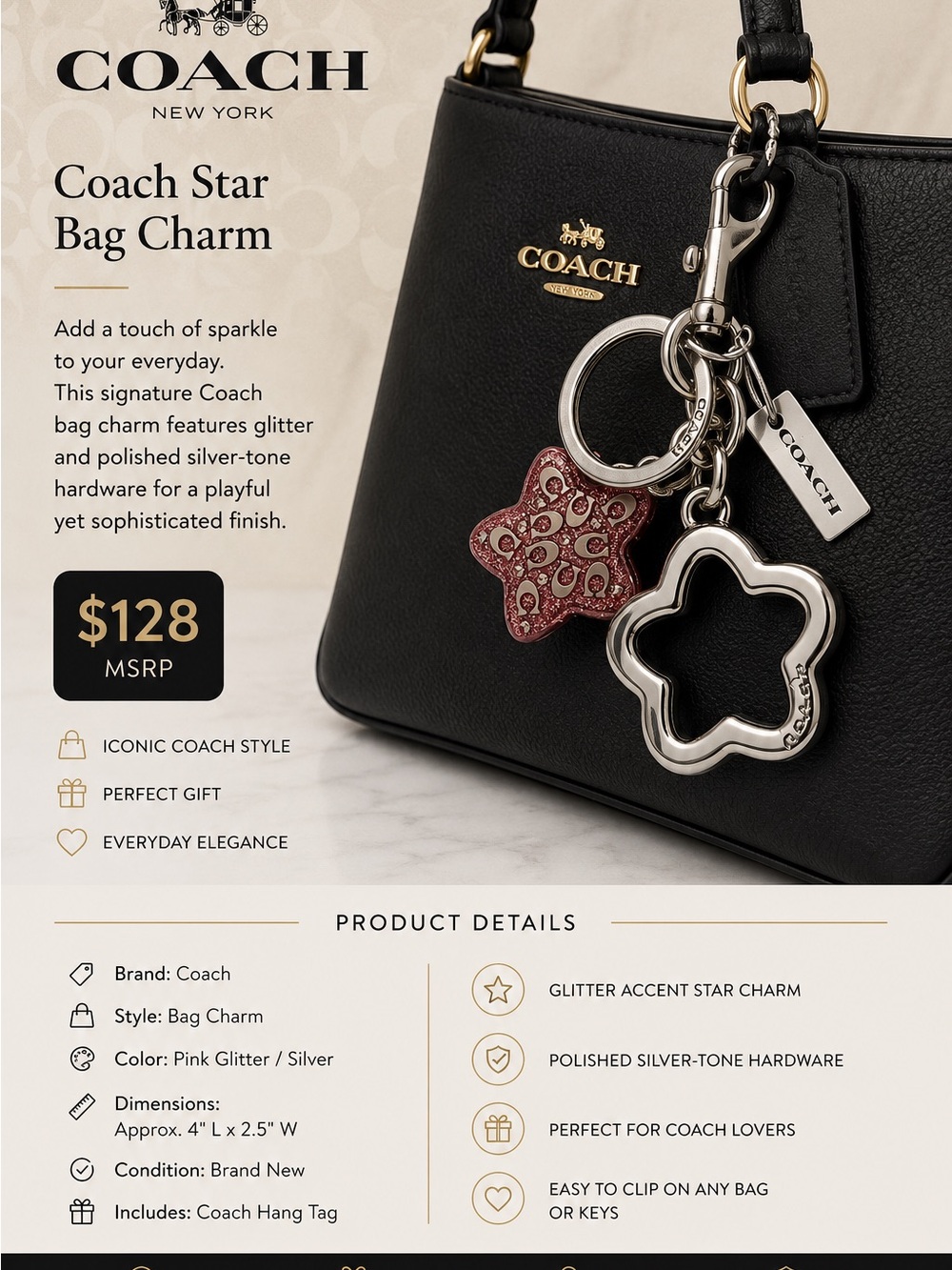 Coach Pink Glitter and Silver Star Bag Charm